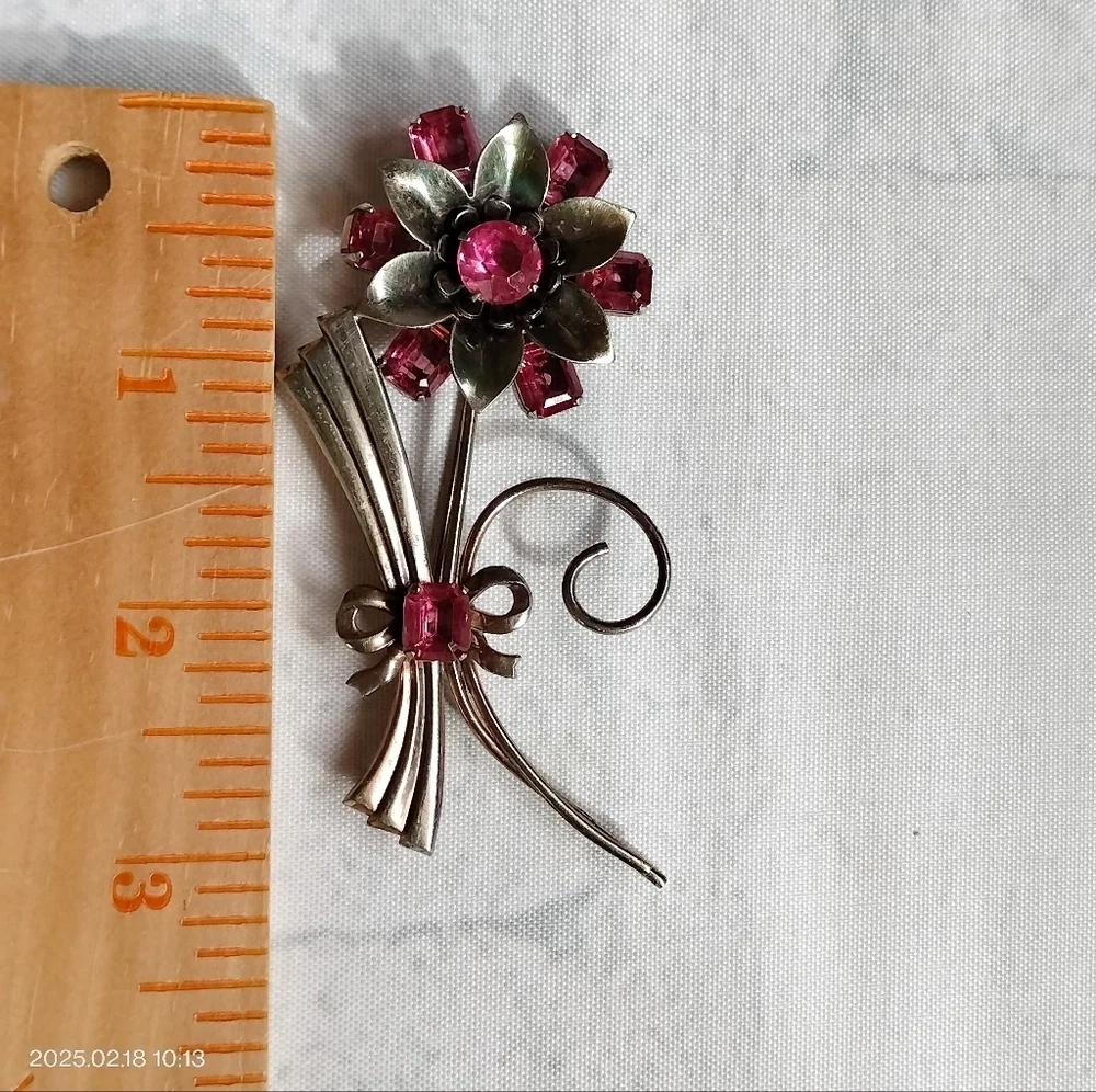 Vintage Oversized Sterling Silver & Pink Crystal Rhinestone Brooch 3